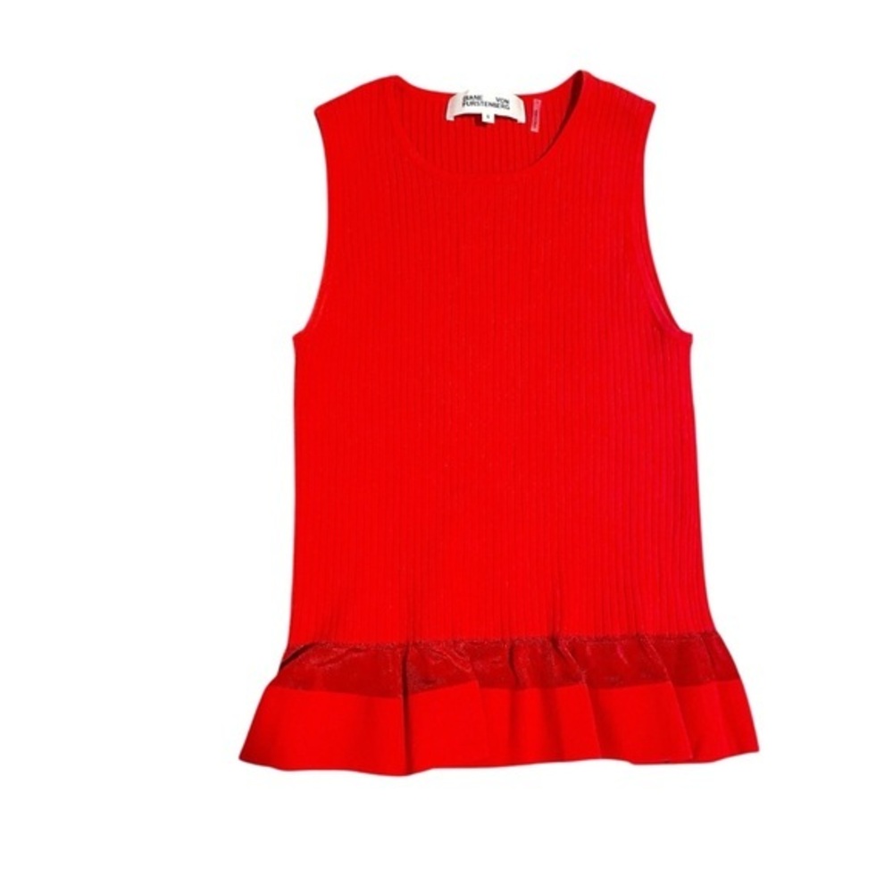 Diane Von Furstenberg Red Ribbed Sleeveless Tank Top With Ruffles Size